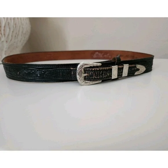 Vintage Tex Tan Tooled Leather BeltSterling Buckle Keepers Tip021862 Size 40